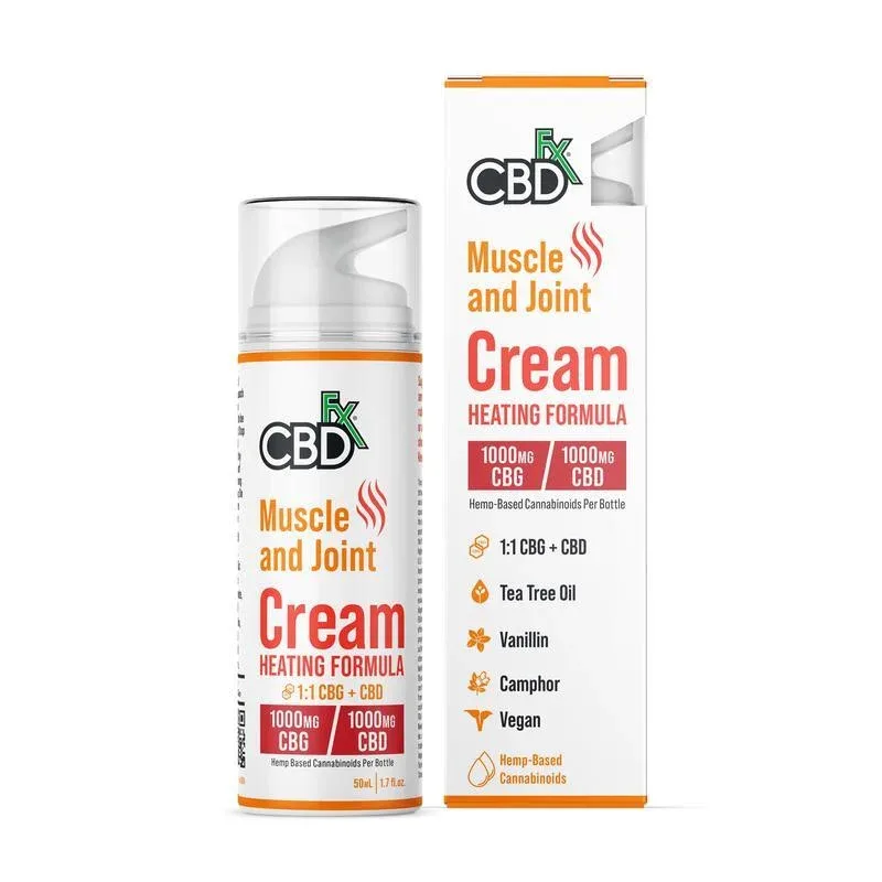 CBDfx, CBG + CBD Cream For Muscle + Joint: Heating Formula 1:1 Ratio, Broad Spectrum THC-Free, 1.7fl oz, 1000mg CBG + 1000mg CBD