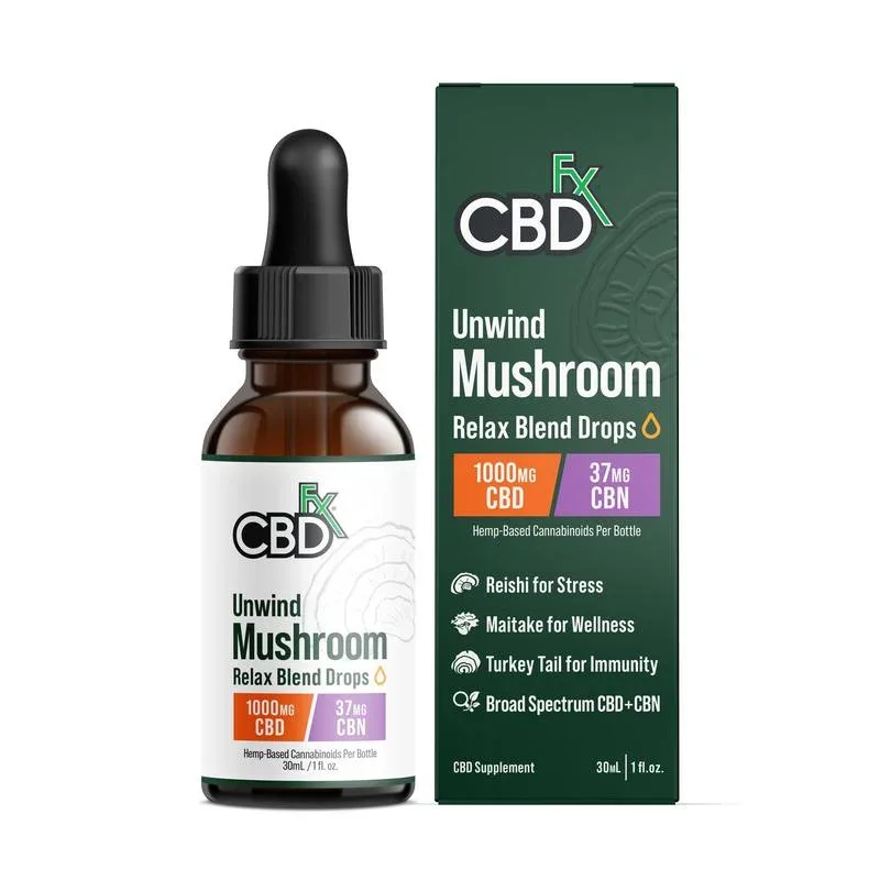 CBDfx, Unwind Mushroom + CBD Drops: CBN Relax Blend, Broad Spectrum THC-Free, 1fl oz, 37mg CBN + 1000mg CBD