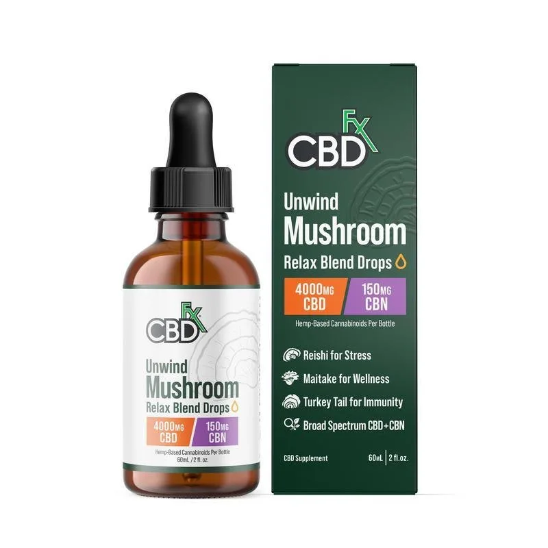 CBDfx, Unwind Mushroom + CBD Drops: CBN Relax Blend, Broad Spectrum THC-Free, 2fl oz, 150mg CBN + 4000mg CBD