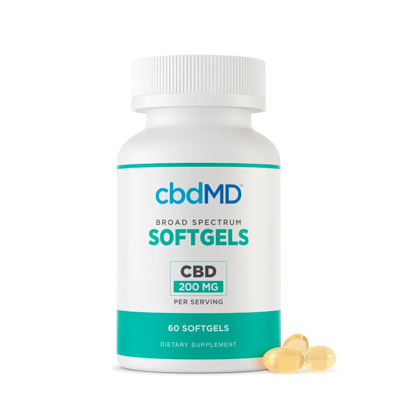 cbdMD, CBD Oil Softgels 200mg, Broad Spectrum THC-Free, 60ct, 6000mg CBD