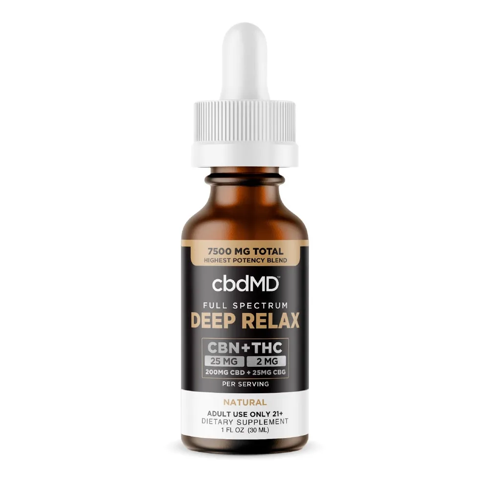 cbdMD, Deep Relax THC + CBN + CBG + CBD Tincture, Full Spectrum, 1fl oz, 60mg THC + 750mg CBN + 750mg CBG + 6000mg CBD