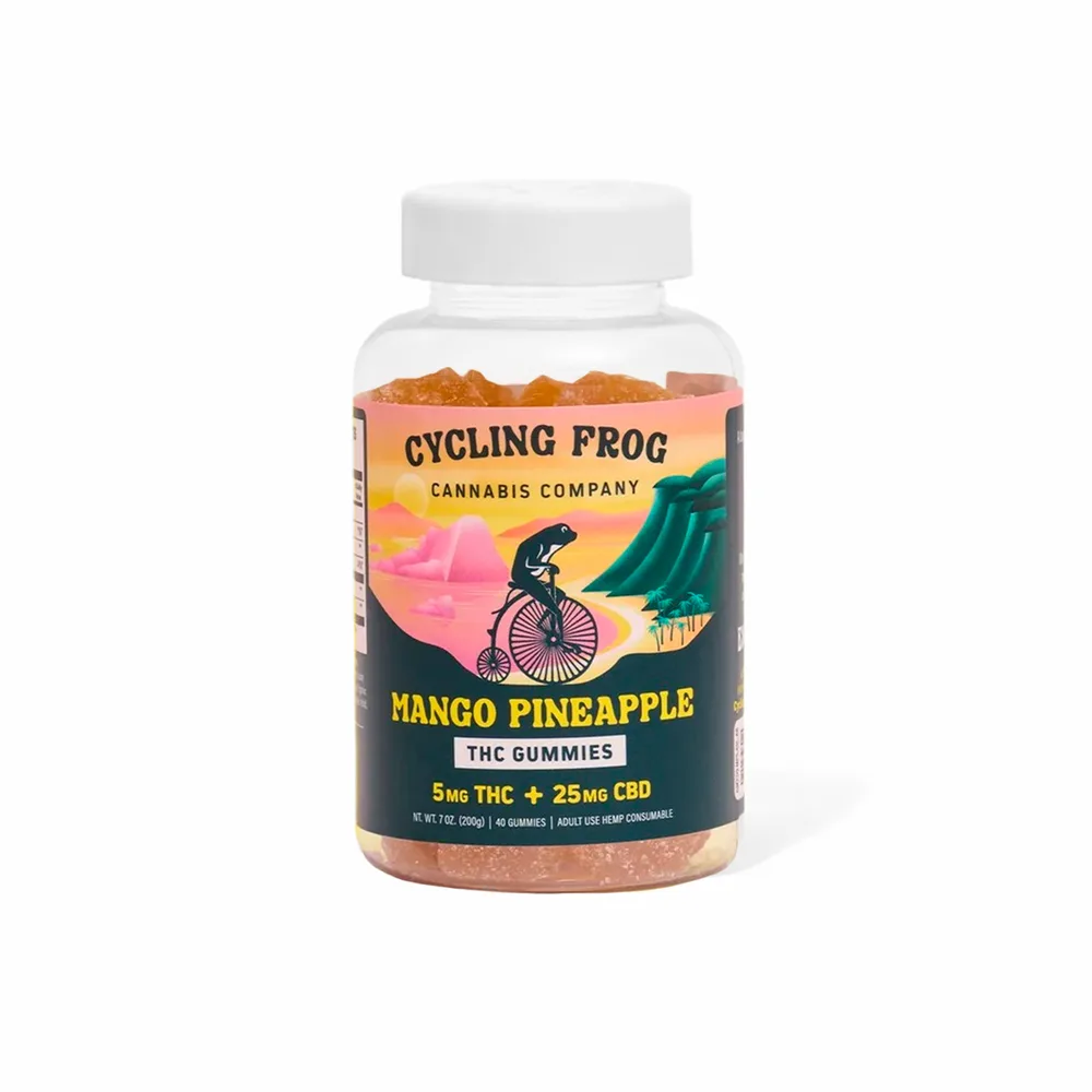 Cycling Frog, 5mg THC + 25mg CBD Gummies, Mango-Pineapple, Full Spectrum, 40ct, 200mg THC + 1000mg CBD