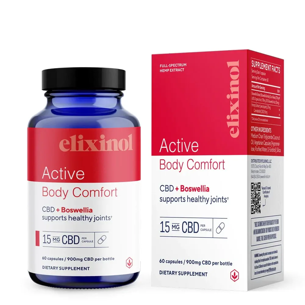 Elixinol, Active Body Comfort CBD Capsules, Full Spectrum, Boswellia, 60ct, 900mg CBD