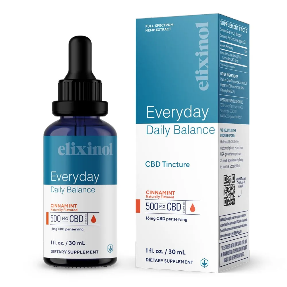 Elixinol, Daily Balance CBD Tincture, Full Spectrum, Cinnamint, 1fl oz, 500mg CBD