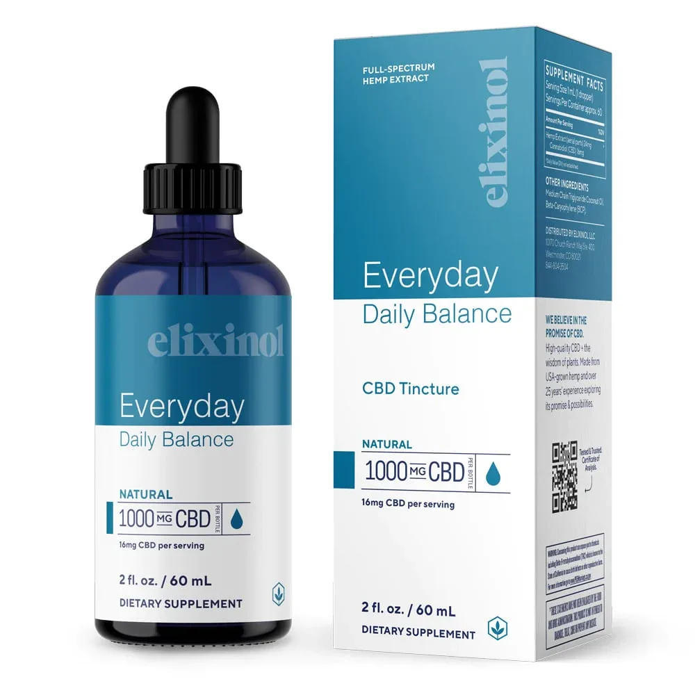 Elixinol, Daily Balance CBD Tincture, Full Spectrum, Natural Flavor, 2fl oz, 1000mg CBD