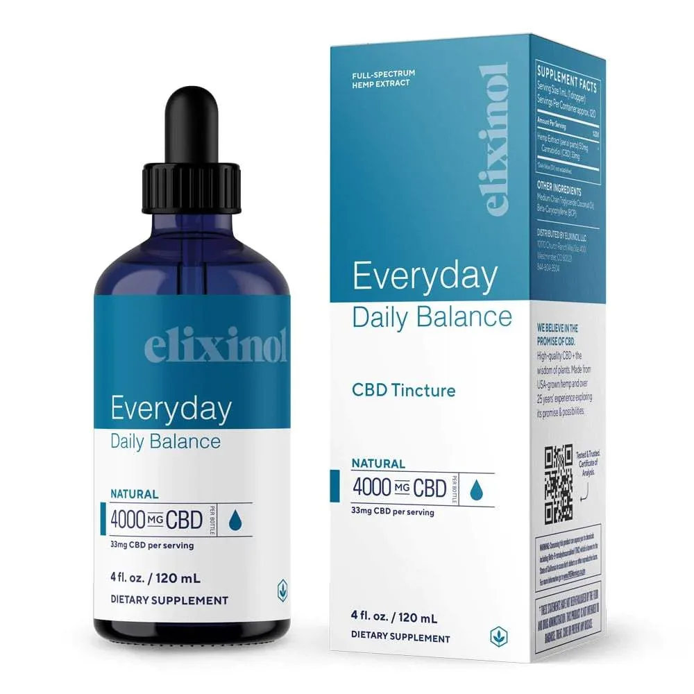 Elixinol, Daily Balance CBD Tincture, Full Spectrum, Natural Flavor, 4fl oz, 4000mg CBD