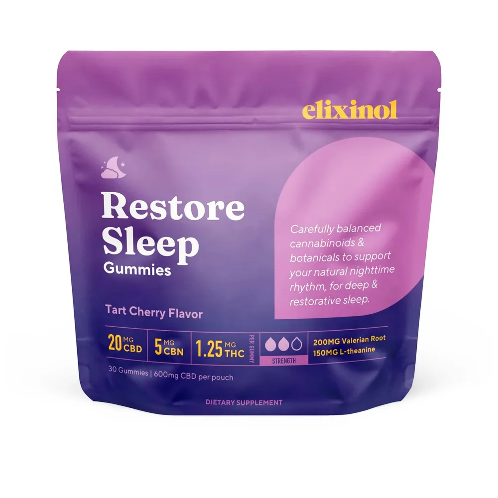 Elixinol, Restore Sleep THC + CBN + CBD Gummies, Tart Cherry, Full Spectrum, 30ct, 45mg THC + 150mg CBN + 600mg CBD