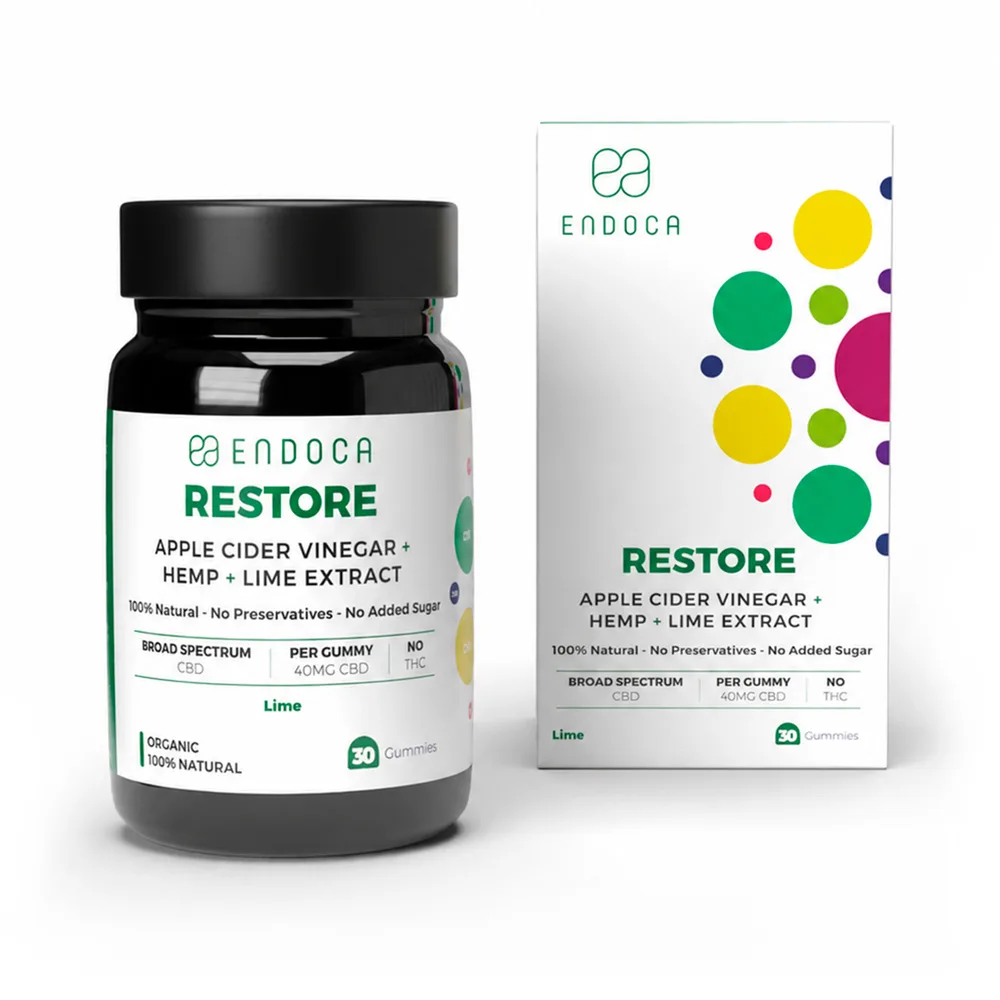 Endoca, Restore CBD Gummies, Lime, Broad Spectrum THC-Free, 30ct, 1200mg CBD