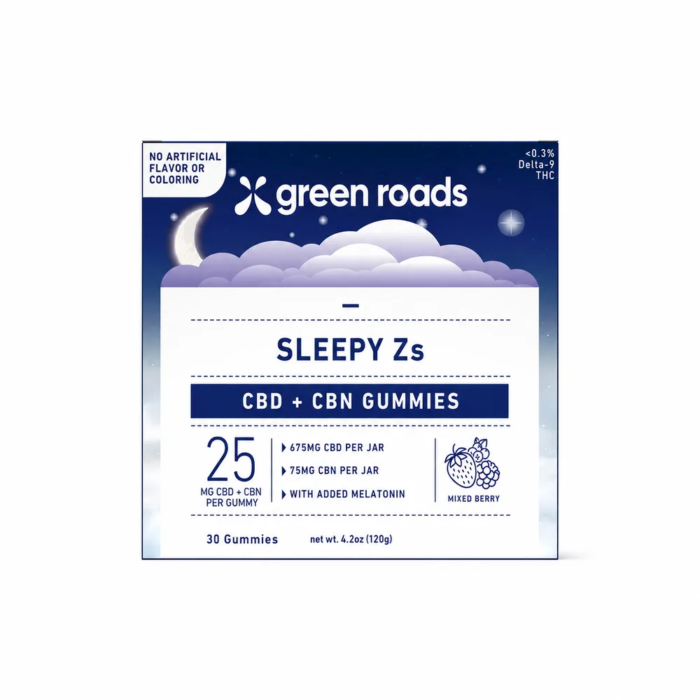 Green Roads, Sleepy Zs CBD+CBN Gummies with Melatonin, Mixed Berry, Broad Spectrum THC-Free, 30ct, 750mg CBD+CBN