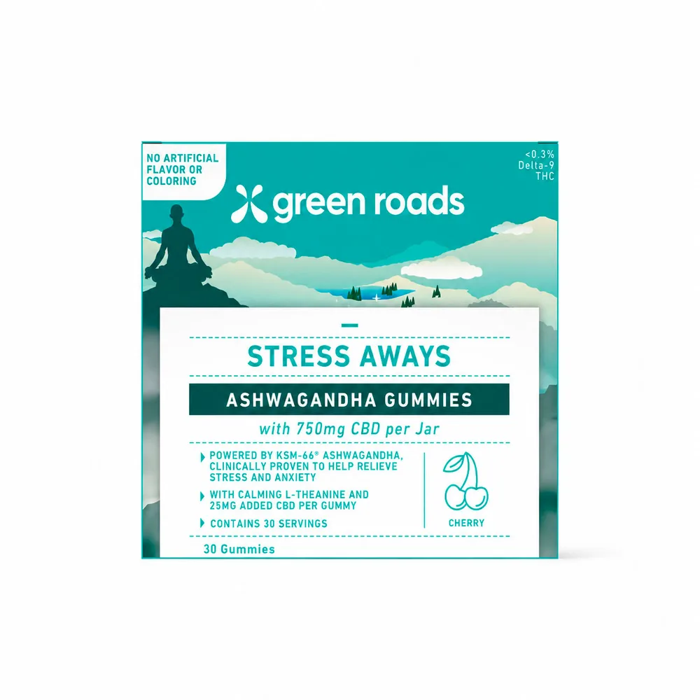 Green Roads, Stress Aways Ashwagandha CBD Gummies, Cherry, Isolate THC-Free, 30ct, 750mg CBD