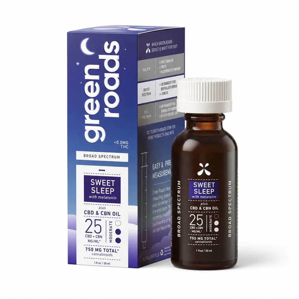 Green Roads, Sweet Sleep CBD+CBN Oil 25mg, Broad Spectrum THC-Free, 1fl oz, 750mg CBD+CBN