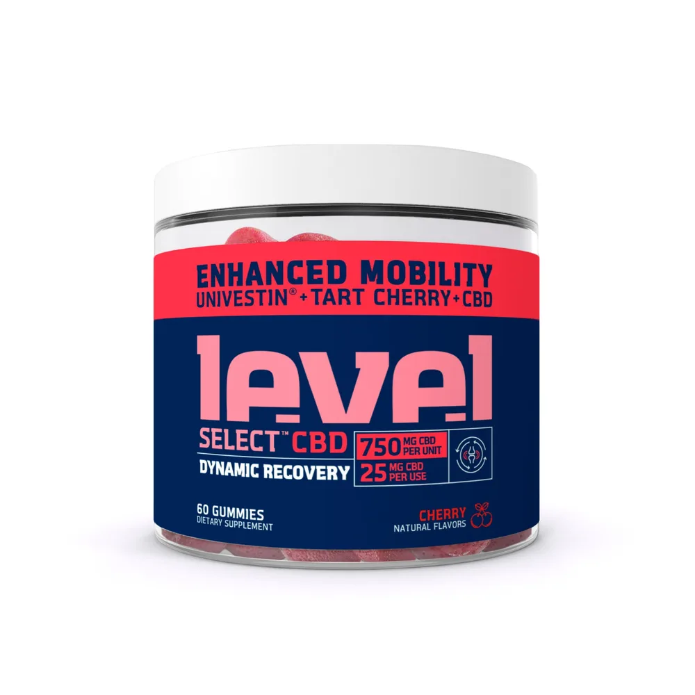 Level Select CBD, Dynamic Recovery CBD Gummies with Univestin, Cherry, Broad Spectrum THC-Free, 60ct, 750mg CBD