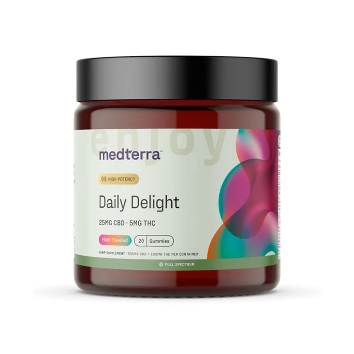 Medterra, Daily Delight 25mg CBD + 5mg THC Gummies, Multi-Flavored, Full Spectrum, 20ct, 100mg THC + 500mg CBD