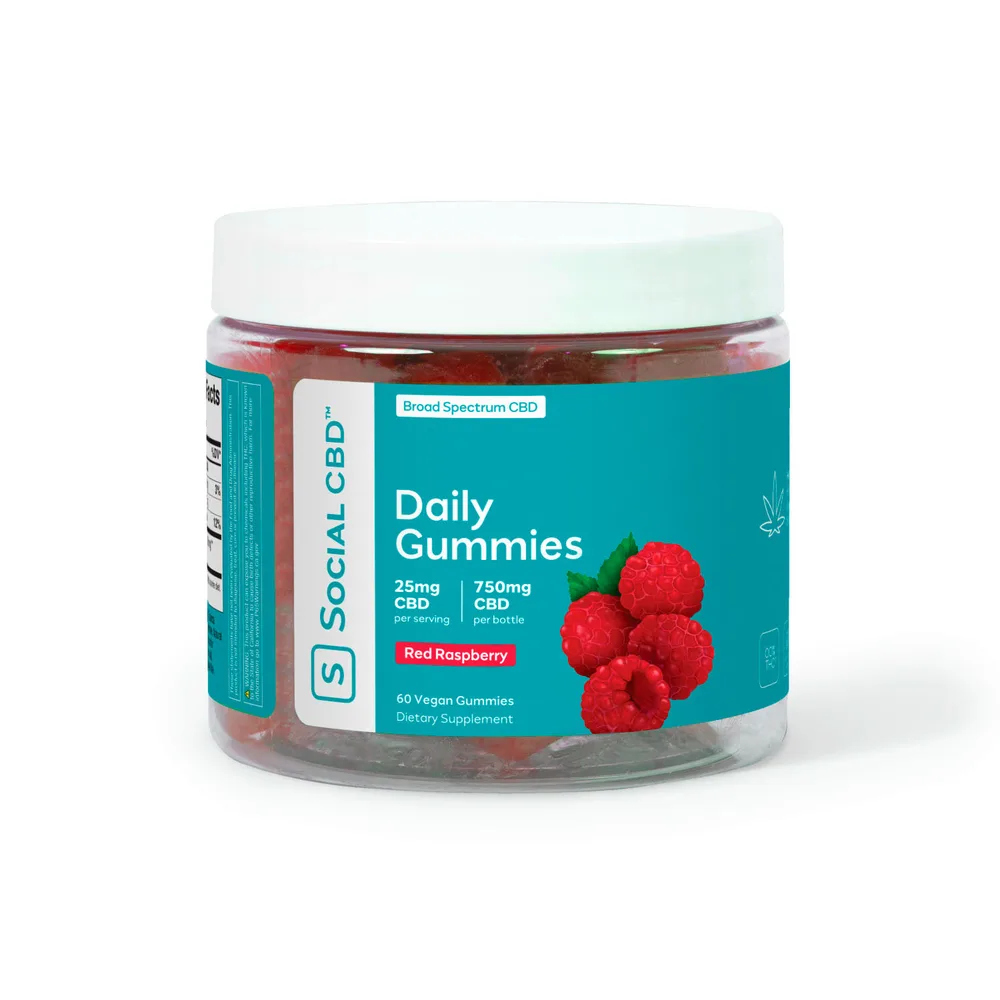 Social CBD, Daily CBD Gummies, Red Raspberry, Broad Spectrum THC-Free, 60ct, 750mg CBD