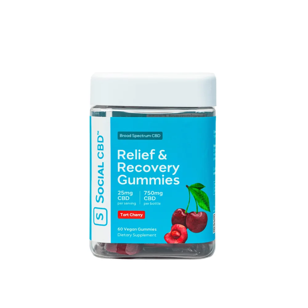 Social CBD, Relief & Recovery CBD Gummies, Tart Cherry, Broad Spectrum THC-Free, 60ct, 750mg CBD