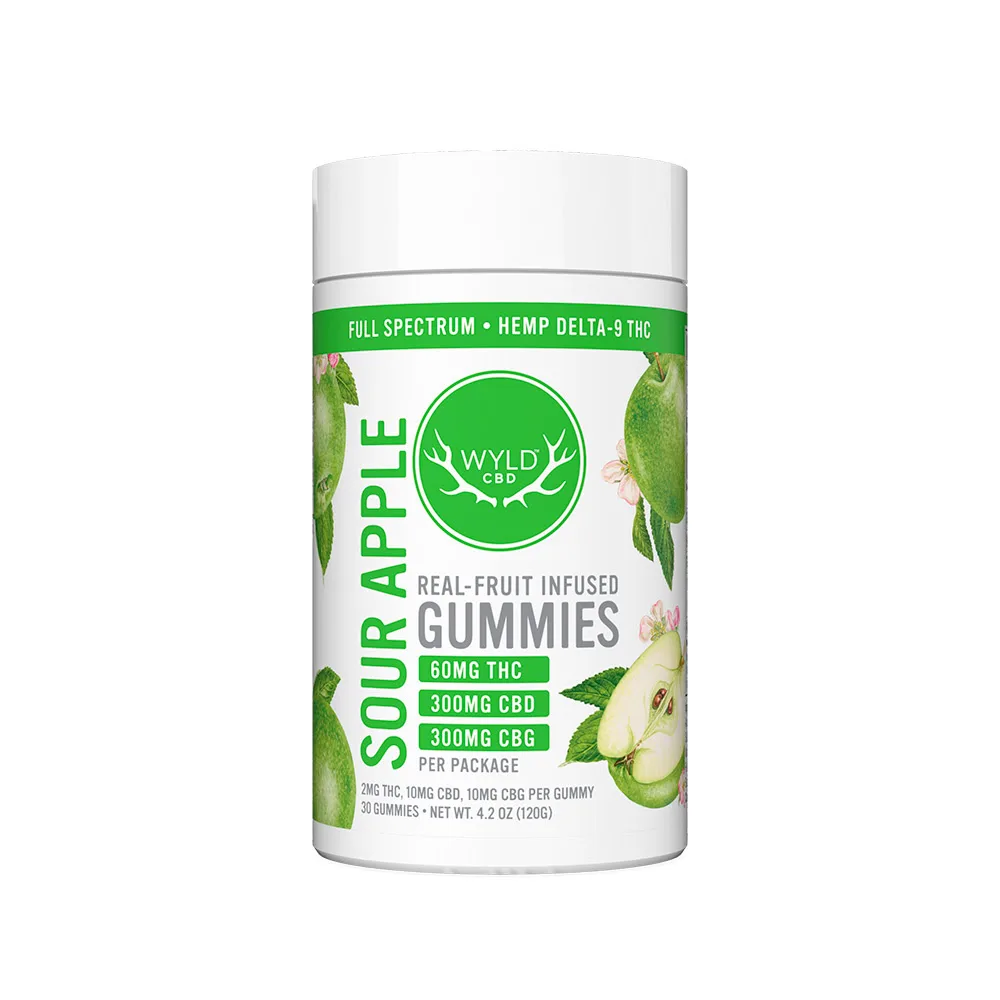 Wyld CBD, Sour Apple Refresh CBD+THC Gummies, Full Spectrum, 30ct, 60mg THC + 300mg CBG + 300mg CBD