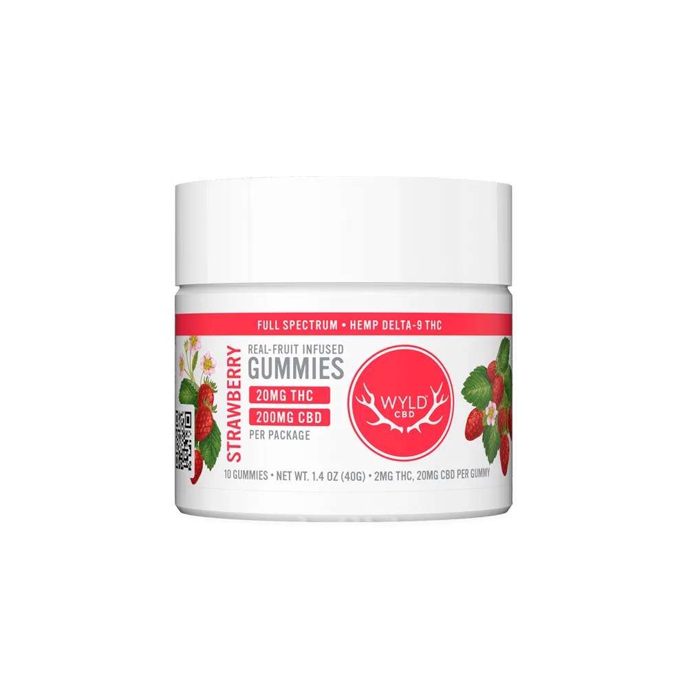 Wyld CBD, Strawberry Calm CBD+THC Gummies, Full Spectrum, 10ct, 20mg THC + 200mg CBD
